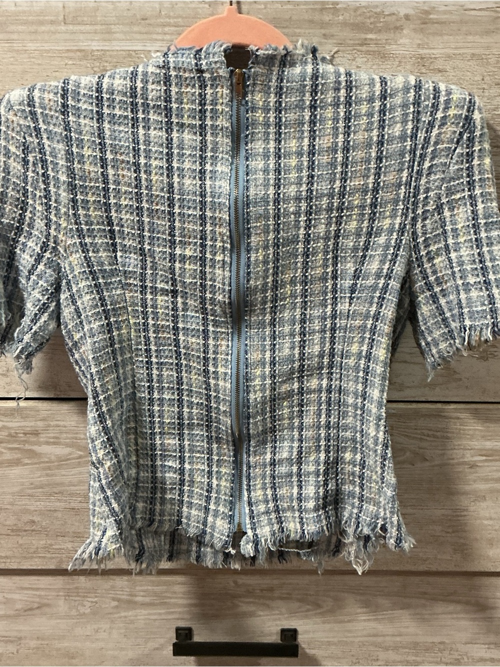 Women's Light Blue Tweed Short-Sleeve Zip Jacket